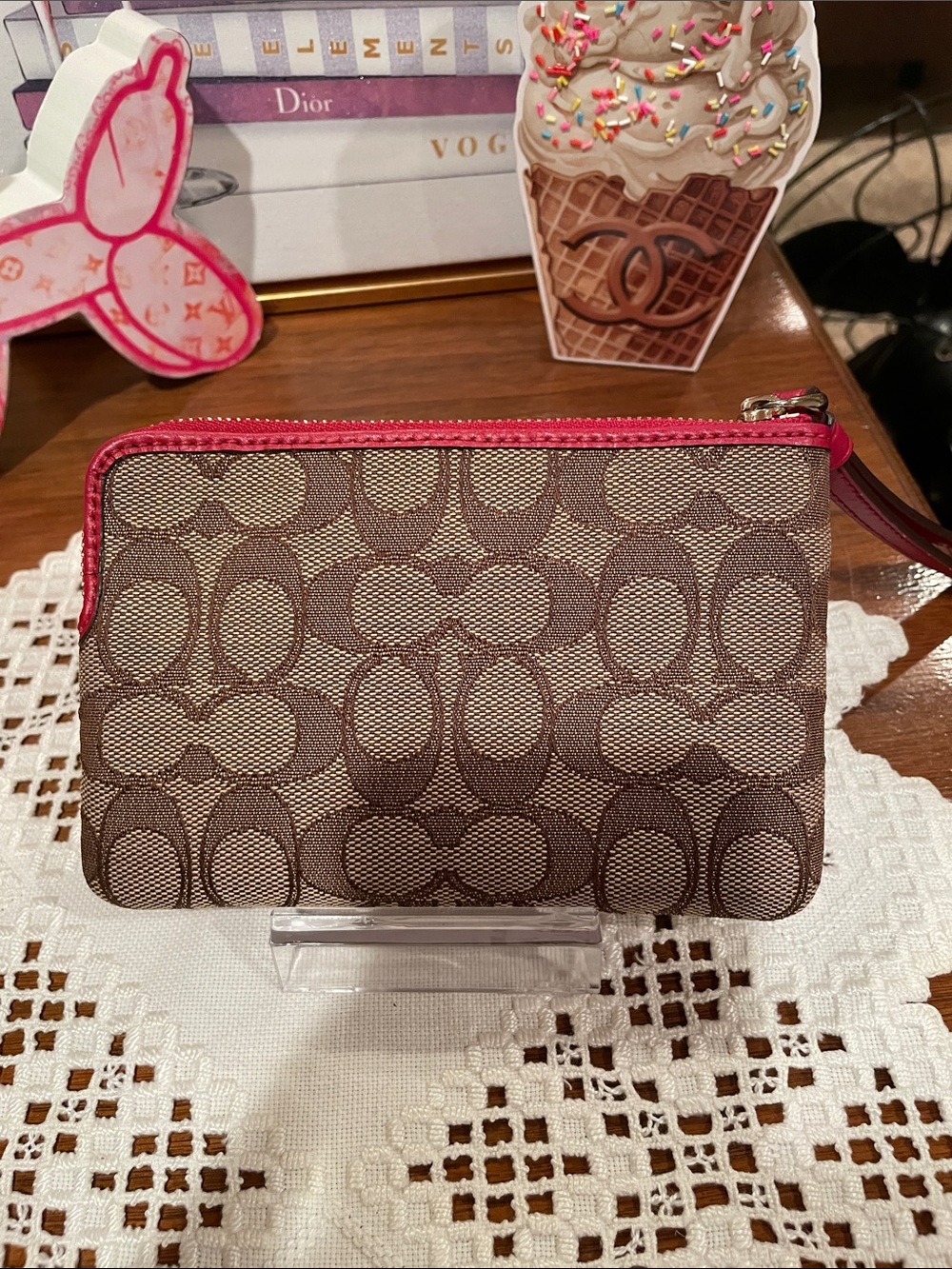 Coach Brown Signature Wristlet with Red Trim - Picture 2 of 5